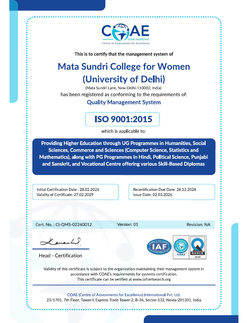 Mata Sundri College for Women Achieves ISO 9001:2015 Certification